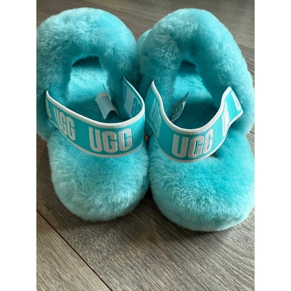 UGG Kids Fluff Yeah Slide Turquoise Blue Sheepskin Cozy Sandals Size 4 - Picture 3 of 6
